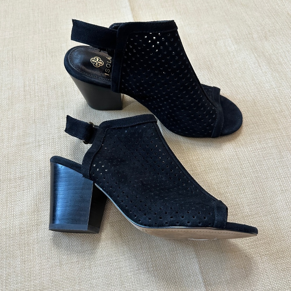 Isola ‘Lora’ Black Suede Peep Toe Cutout Bootie Sandals Heels